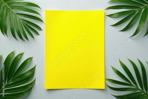 Bright yellow paper framed by palm leaves on pastel gray , tropical, blank frame, bright