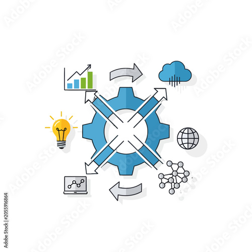 A central gear icon surrounded by various business and technology symbols
