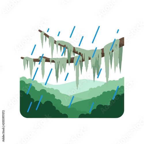 A stylized illustration of rain falling over a lush green forest landscape
