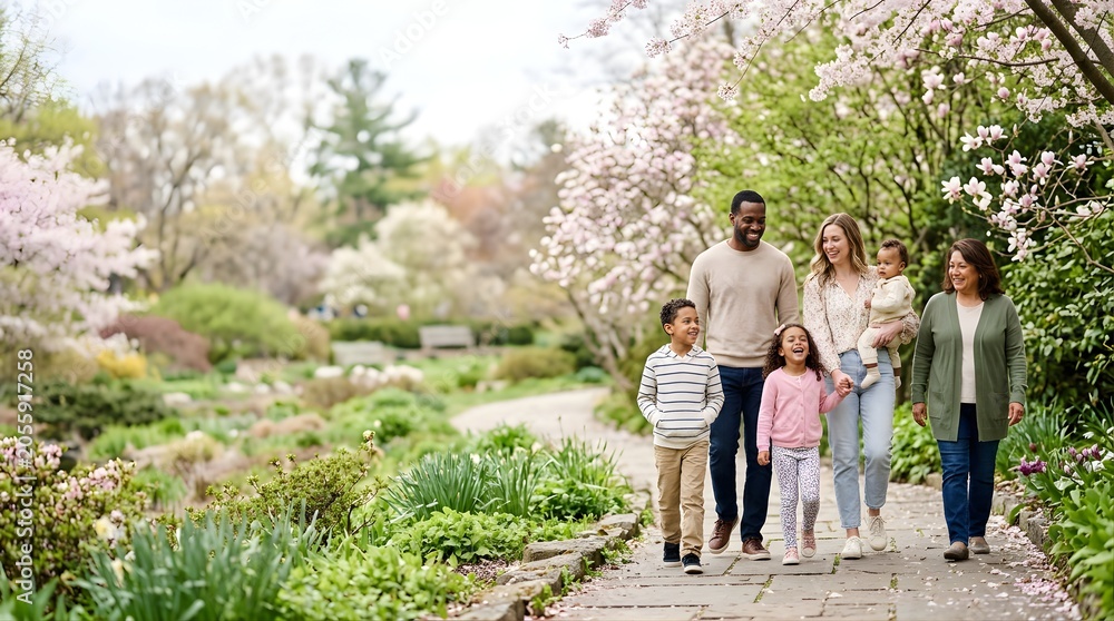Fototapeta premium Happy multi-generational family walking together in a park during spring