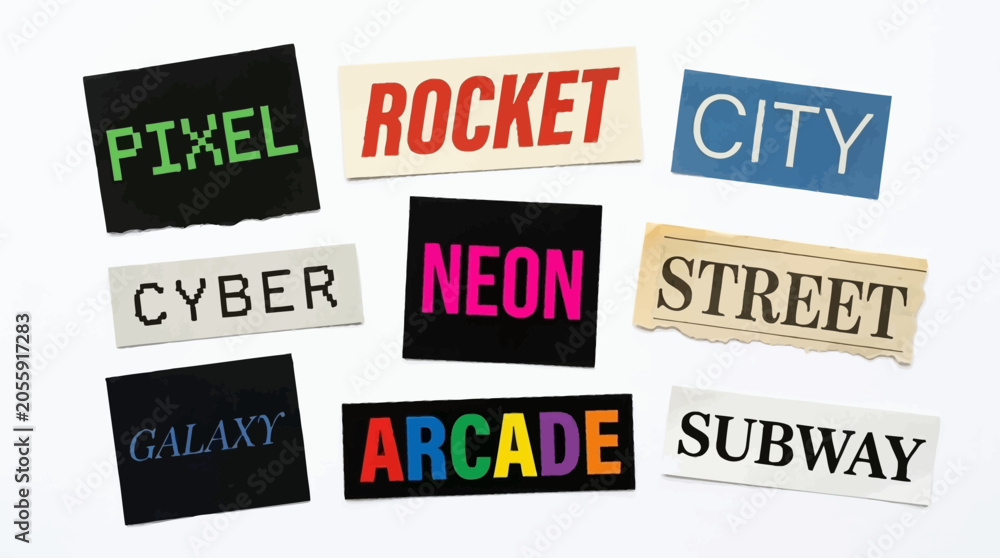 Obraz premium Colorful collection of various retro typographic labels featuring diverse fonts and styles on white paper sheets