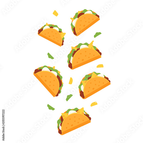 A collection of delicious crunchy tacos falling against a clean white background