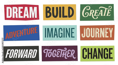 Nine colorful rectangular paper labels featuring inspiring motivational words written in various bold modern artistic fonts