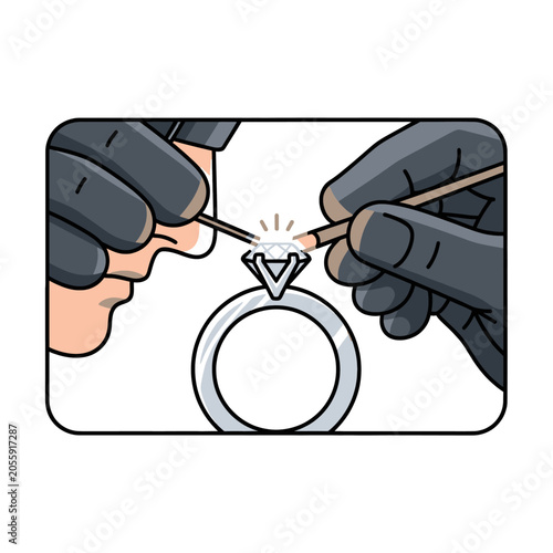 A professional jeweler carefully inspects a sparkling diamond ring with tools