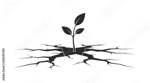 Schilderij op canvas Silhouette of a small sprout growing through dry cracked earth symbolizing hope,