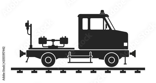 Black silhouette of a railway maintenance utility vehicle on tracks for track repair and infrastructure service illustration