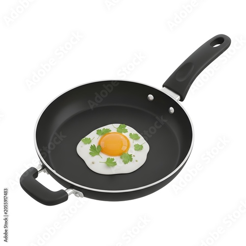 Fried egg with fresh herbs cooking in a black frying pan