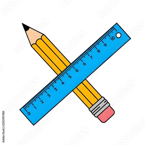 Yellow pencil and blue ruler crossed on paper