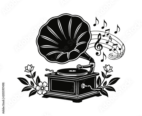 Photos Antique phonograph record player with horn emitting musical notes and decorative