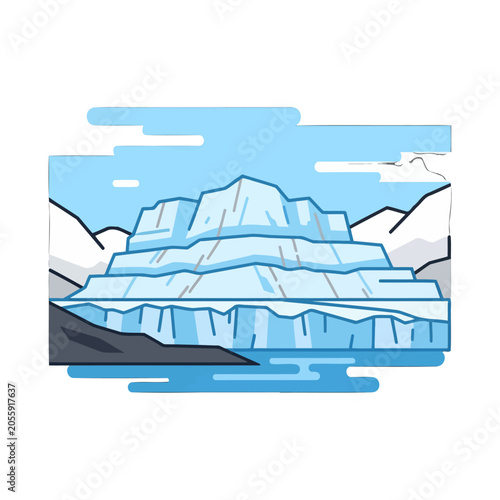 A stylized illustration of a large glacier floating in cold water