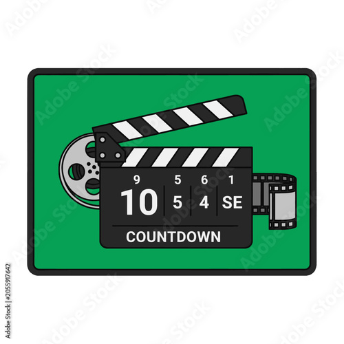 A cinematic clapperboard with film reel on a vibrant green background