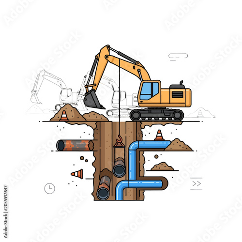 A yellow excavator working on an underground utility pipe installation project