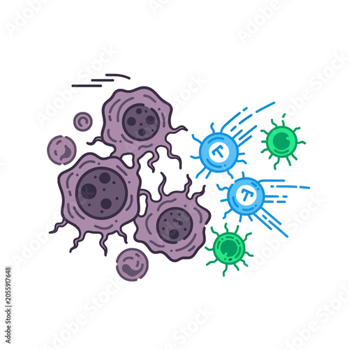 A colorful illustration showing immune cells attacking harmful biological structures