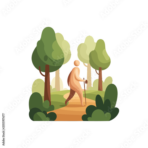 A stylized illustration of a person hiking on a forest trail