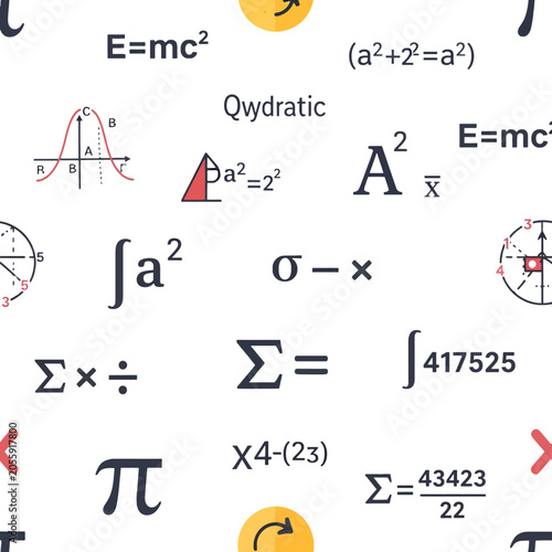 A seamless pattern featuring various mathematical formulas and scientific symbols