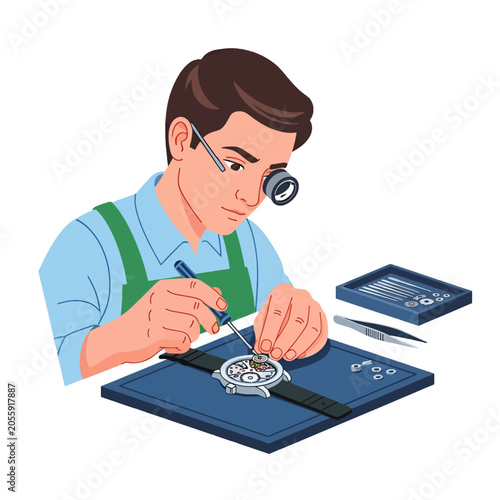 Quadro em tela A professional watchmaker repairs a mechanical timepiece at a workbench