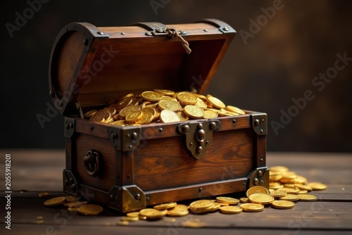 Antique wooden chest, open lid, gold coins visible, dark, riches