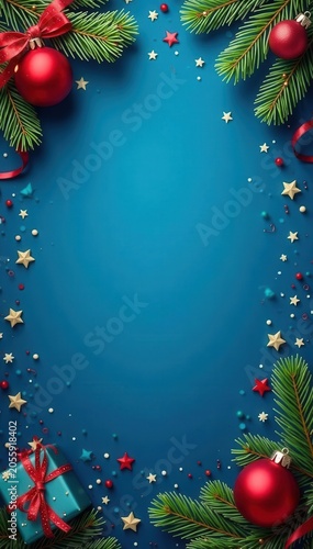 Festive blue Xmas border; fir, stars, baubles, gifts, ribbon, confetti , mockup, greeting, topview