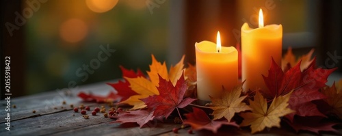 Glowing candlelight on Thanksgiving centerpiece, fall leaves, yellow, setting