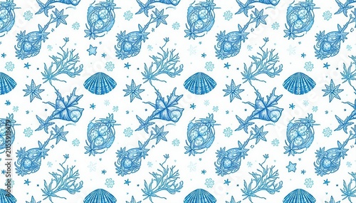 Hand-drawn ocean seamless pattern Blue, white, shells, starfish, coral, seaweed , starfish, fashion, nature
