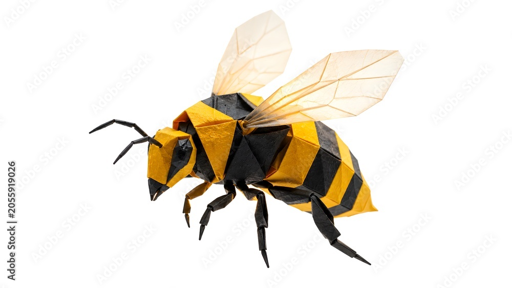 Fototapeta premium Origami Bee with Yellow and Black Striped Paper and Translucent Wings on White Background