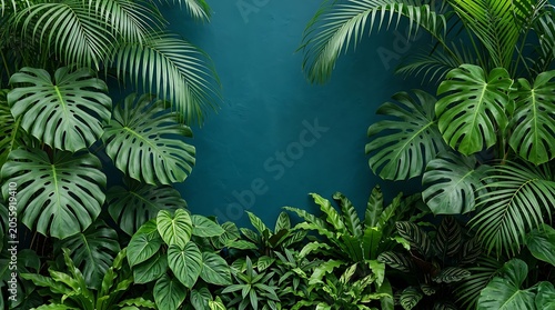 Tropical jungle plant composition against dark green textured wall with tropical monstera greenery botanical background