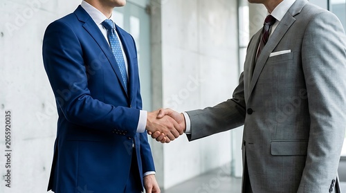Close-up of business men in suits shaking hands in modern corporate office with handshake business professional cooperation