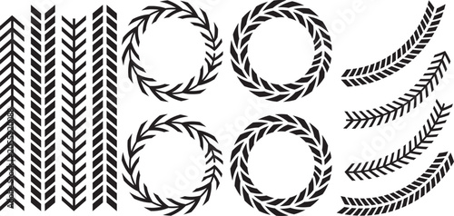 Black laurel wreath and tire track pattern brush vector icon set. Simple vector illustration of geometric chevron borders, isolated circular frame and curved line elements collection on white backgrou