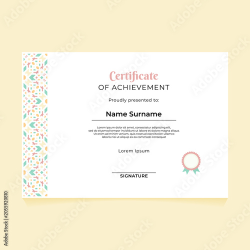 Elegant pastel certificate of achievement template with geometric islamic pattern on left side