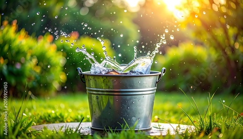 Water Splashing from Metal Bucket Outdoors.