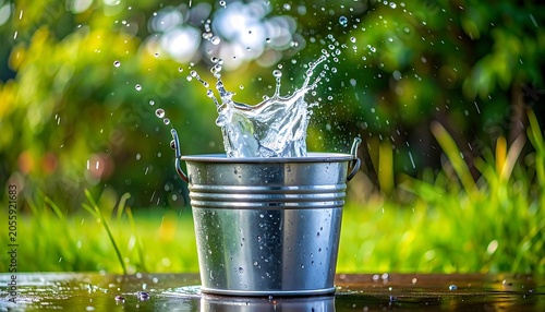 Water Splashing in Metal Bucket Outdoors.