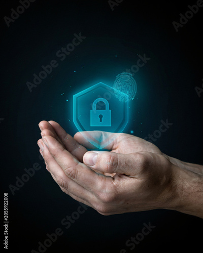 Hands holding a glowing blue hexagonal shield with a isolated on transparent background