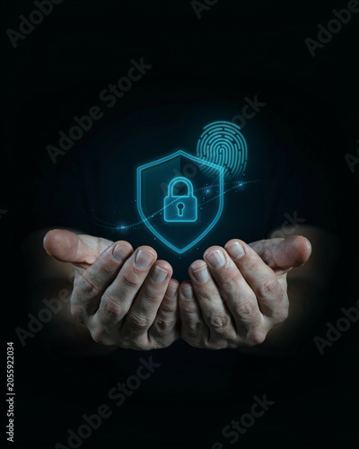 Hands holding a glowing shield with lock and isolated on transparent background