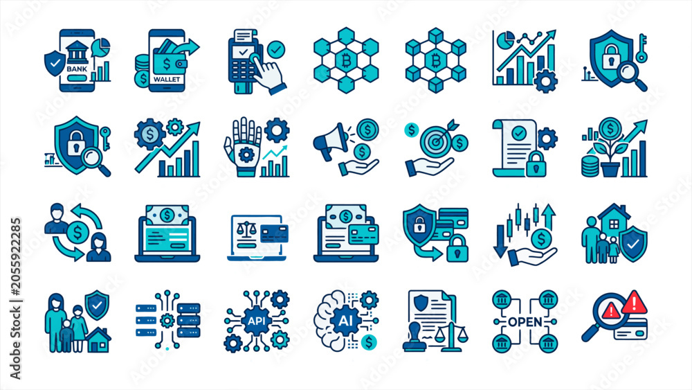 Obraz premium Advanced technology and artificial intelligence vector icon set with robotic hand, API integration, blockchain nodes, and system security shield.