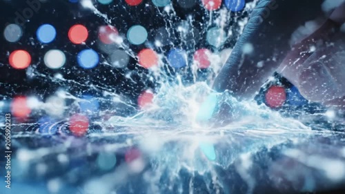 Person touching futuristic digital interface with glowing data circles and blue bokeh lights