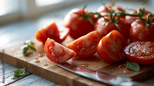 Fresh Chopped Tomatoes with Basil on Wooden Cutting Board Close Up
