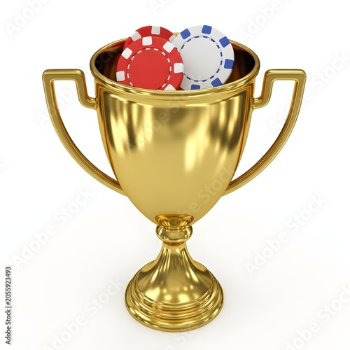 Golden trophy cup filled with poker chips