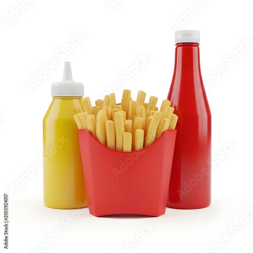 French fries with ketchup and mustard bottles