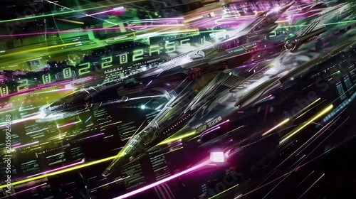 Futuristic Digital Data Stream with Bright Neon Lights and Circuitry in Dark Background