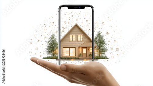 Digital Real Estate Vision: A digital rendering of a cozy house, complete with trees and greenery, is held aloft on an open palm, seemingly projected from a smartphone.