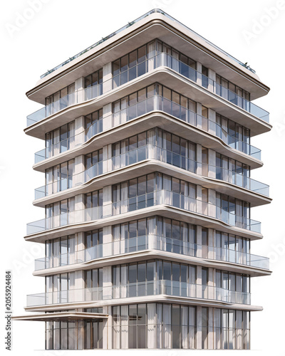 Modern apartment building with glass balconies and isolated on transparent background