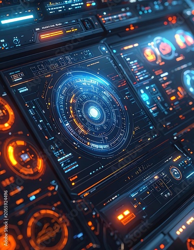 A futuristic digital interface with neon lights and circuit boards