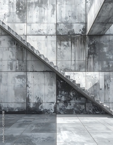 A grayscale image of a concrete staircase with a wall