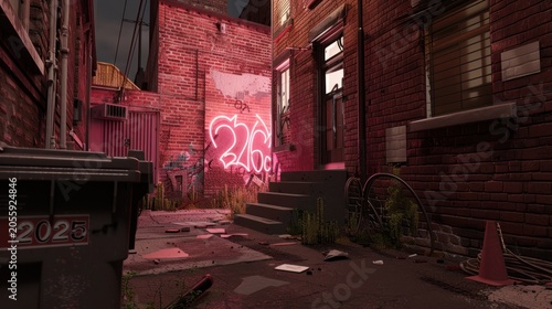 Neon Heart and Number Graffiti Illuminated Brick Alleyway at Night