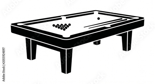 A silhouette of billiard balls and a cue stick arranged on a billiard table, against a plain white background.