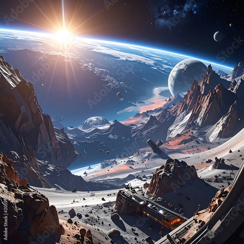 A stunning cosmic landscape with a planet, sun, and stars
