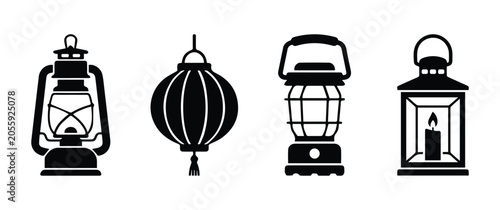 Schilderij op canvas Lantern types set — oil lantern, paper lantern, camping lantern, candle lantern