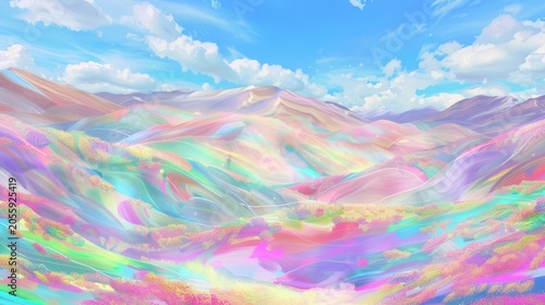 Colorful Dreamlike Landscape with Pastel Mountains and Bright Sky