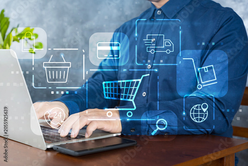 Tablou pe pânză Shopping Cart Icons And Credit Card Line Art Over Laptop Blue Tone