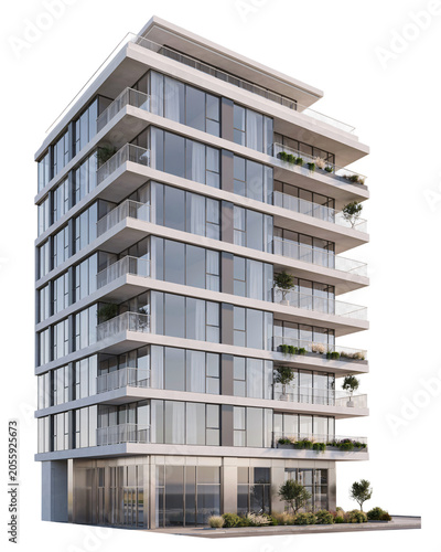 Modern high-rise apartment building with balconies and isolated on transparent background